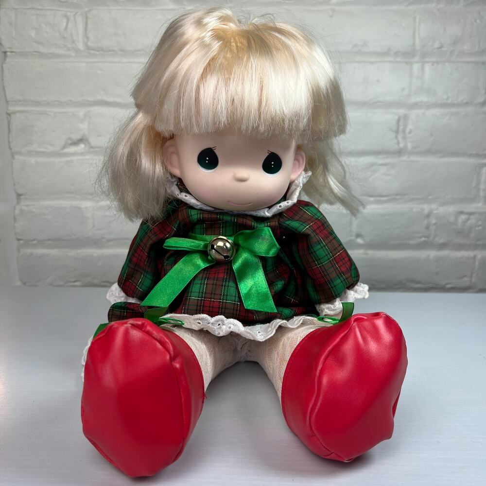 1997 Precious Moments Christmas Doll Blonde Plaid Dress Jingle Bell Holiday Vtg